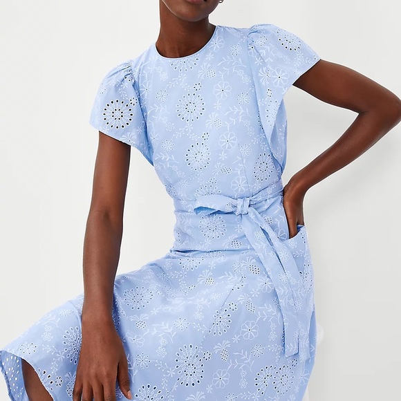 Ann Taylor Petite Eyelet Flutter Sleeve Belted Midi Dress 6P - Picture 1 of 3